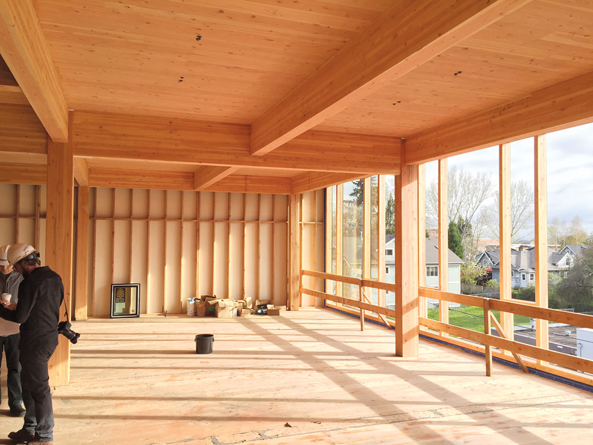 Photo of interior wood framing under construction.