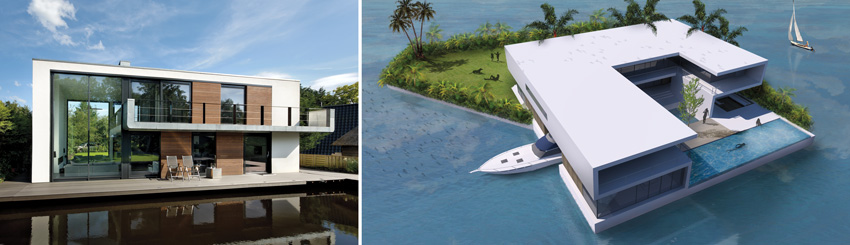 The Waterstudio’s Villa De Hoef (left). Waterstudio-designed private floating islands (right).