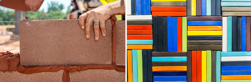 Left: photo of a masonry wall under construction. Right: photo of pigment samples.