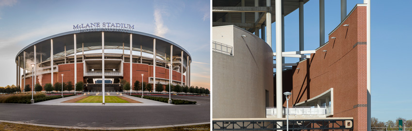 Two photos of McClaine Stadium.