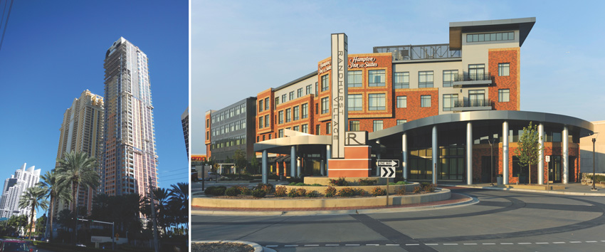 Two photos of masonry buildings.