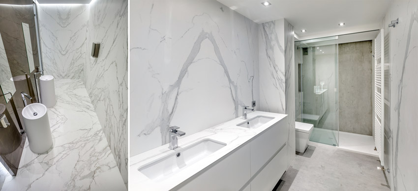 Two photos of interiors with stone panels that emulate marble.