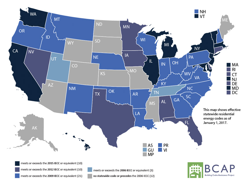 Map of the US showing which version of the IECC code applies per state.