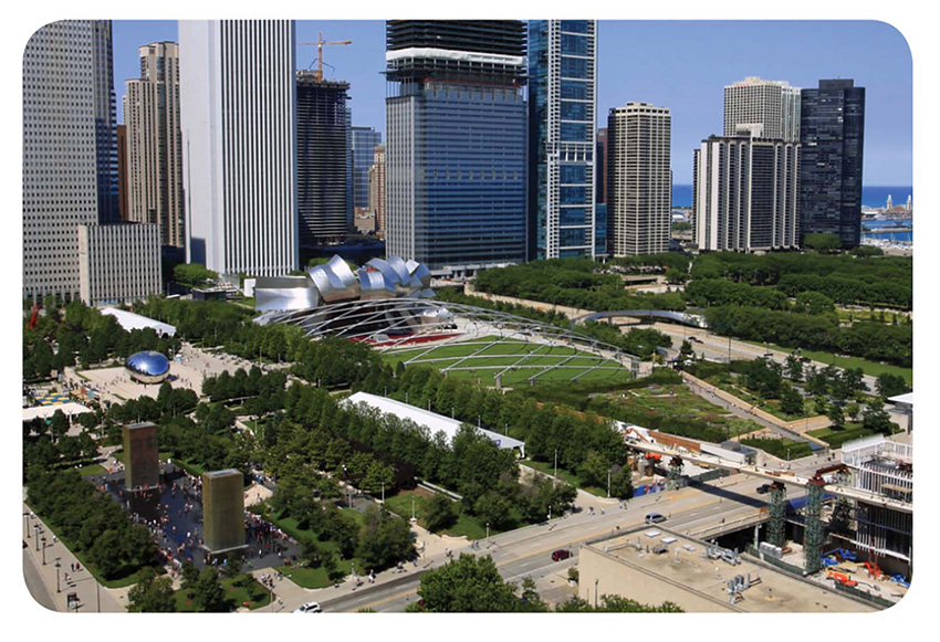 Photo of the landscape structure on top of Millennium Park in Chicago.