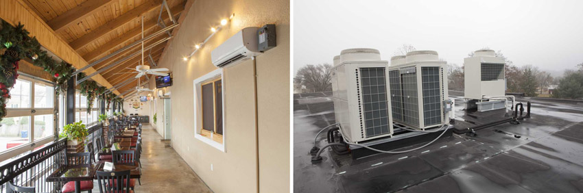 Left: Photo of the Market at Liberty Place. Right: Outdoor HVAC unit.