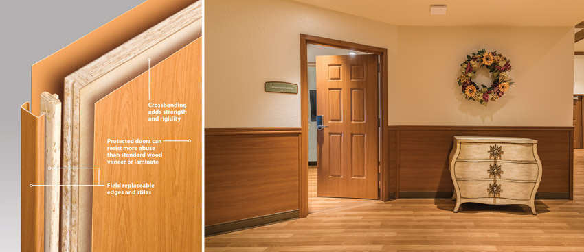 Cutaway graphic and photo of solid-core wood doors.