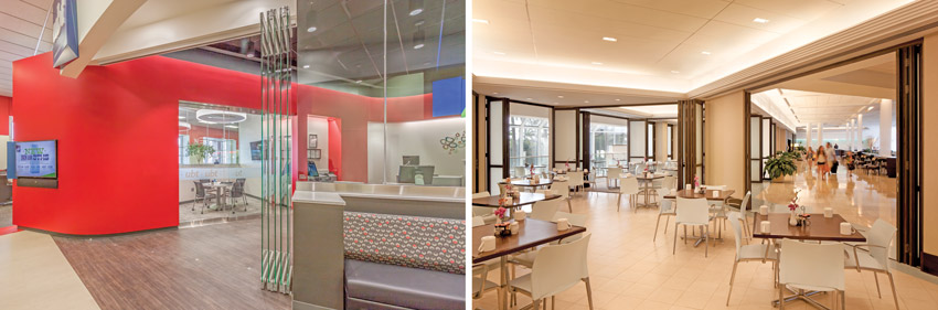 Two interior photos of operable glass walls.
