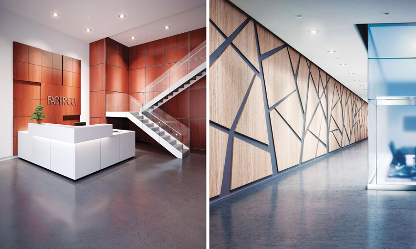 Two photos of different wall panels with woodgrain finish.