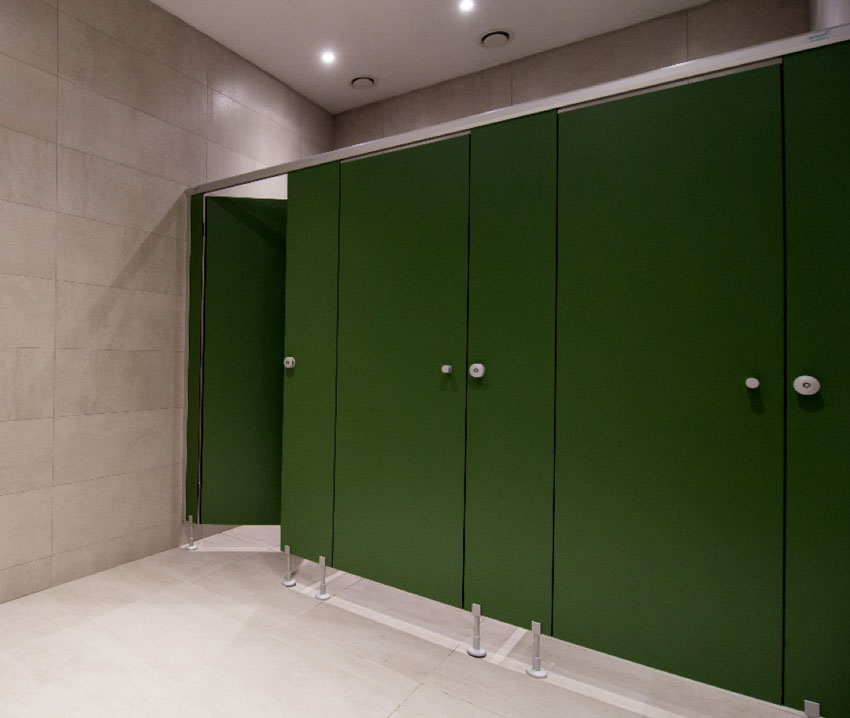  European-style bathroom green doors.