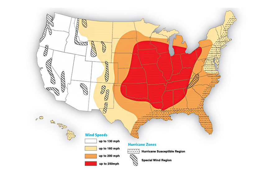 This map depicts potential tornado wind speeds in different U.S. regions.