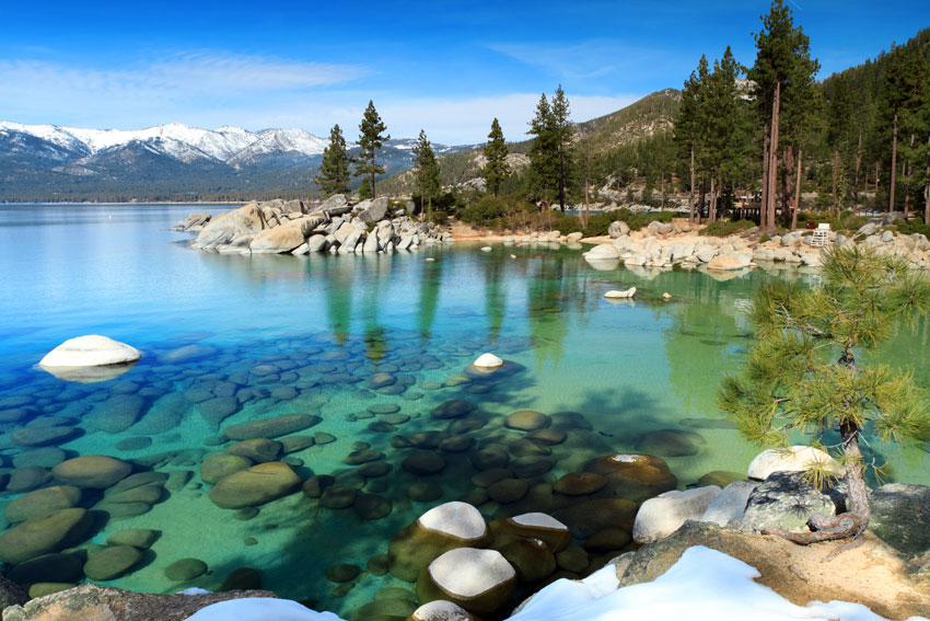 Image of lake with mountains in the background showing sustainability.