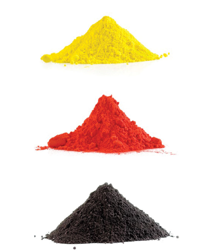 powder coating with different colors; yellow, red, and black (top to bottom) style=