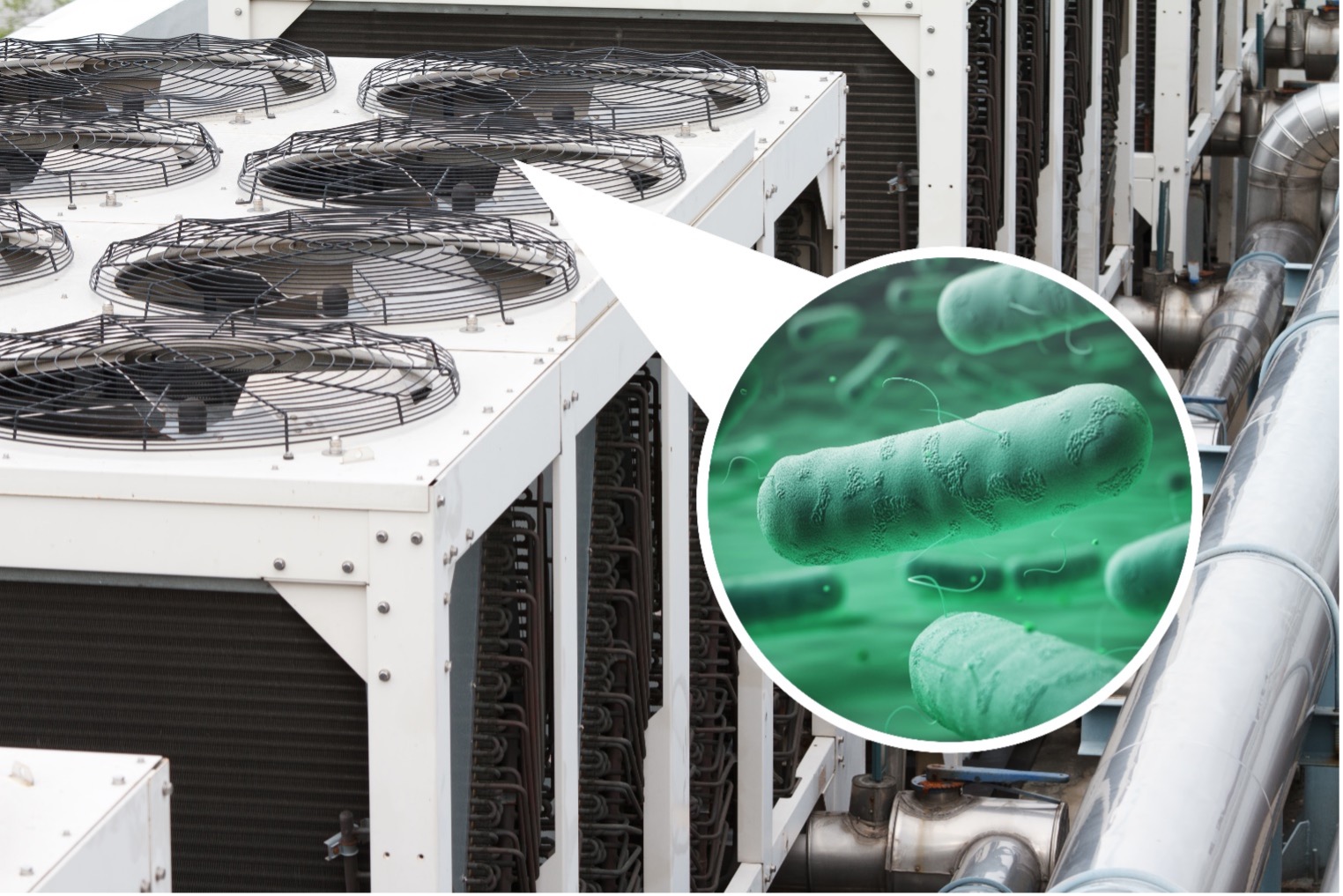 air conditioner and closeup of legionella bacteria.