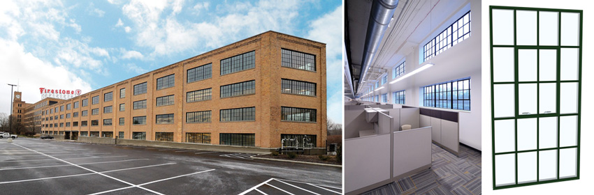 Two photos of the Firestone Triangle Building and a photo of a typical window.
