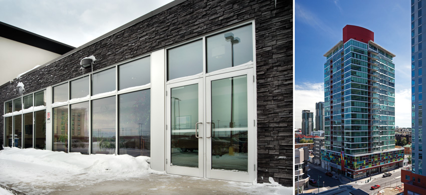 Aluminum storefront systems (left) and curtain wall systems (right).