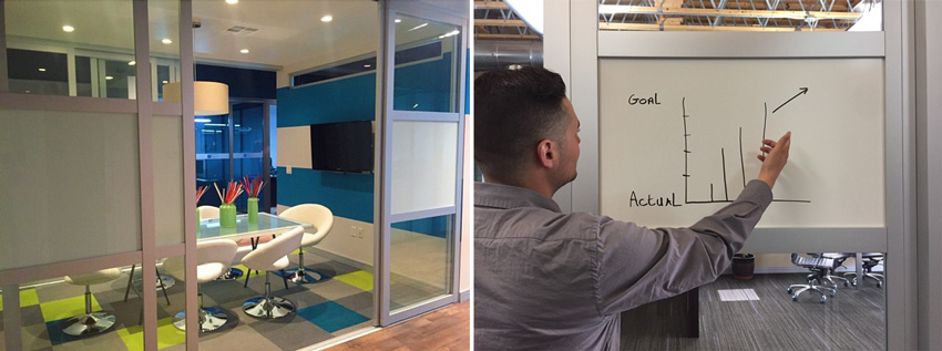 Photo of sliding glass doors with dry erase boards on the center panels.