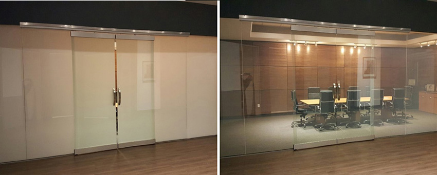 Two photos of the conference room's glass, one opaque and one clear.