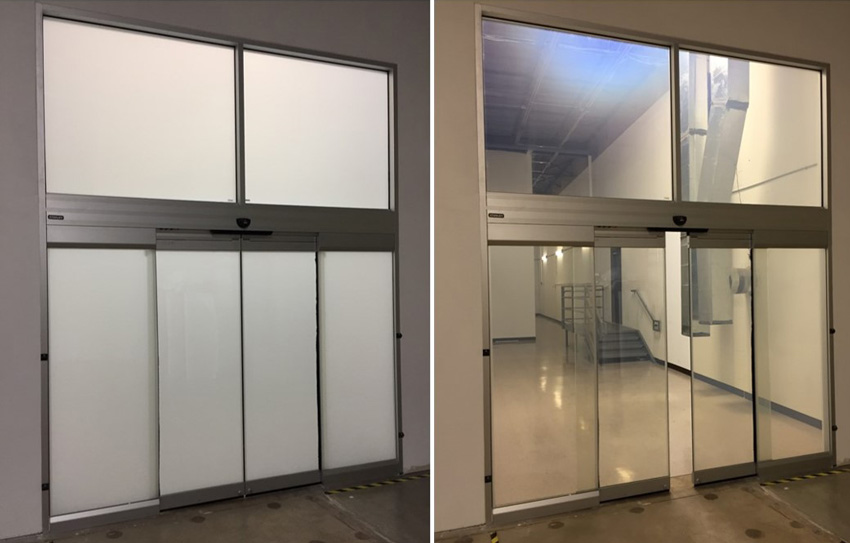Two photos of the conference room's glass, one opaque and one clear.