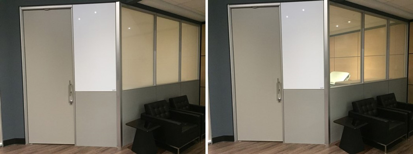 Two photos of the conference room's glass, one opaque and one clear.