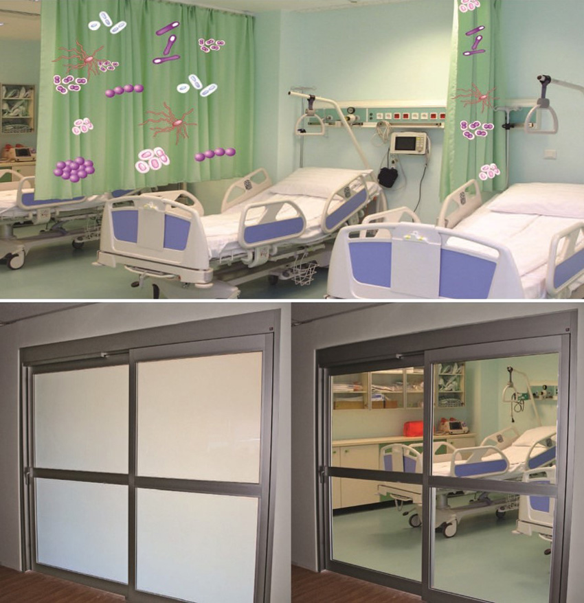Top: Hospital room interior. Bottom left: Opaque glass on room doors. Bottom right: Transparent glass on room doors.