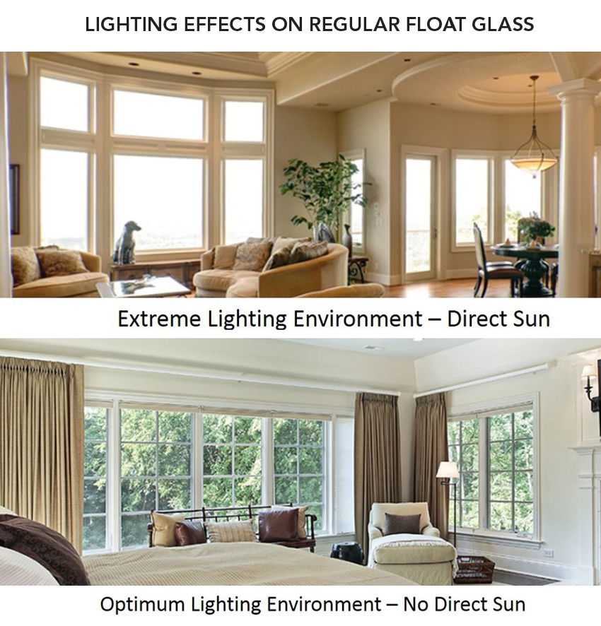 Top: Image of a living room under extreme lighting environment with direct sun.  Bottom: Image of a living room under optimum lighting environment with no direct sun.