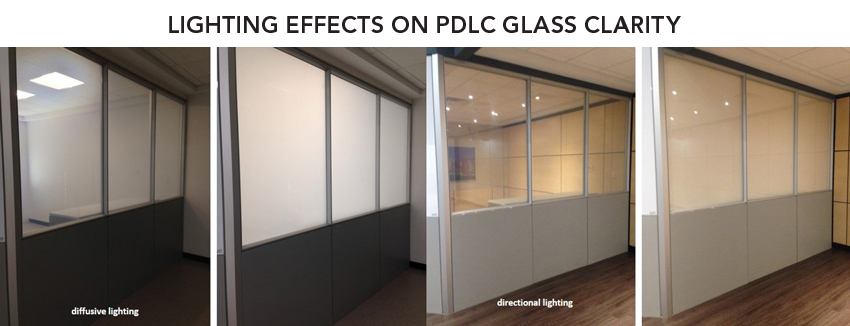 Using fluorescent lighting (two photos on left) or LED lighting (two photos on right) will affect the clarity and appearance of the PDLC glass.