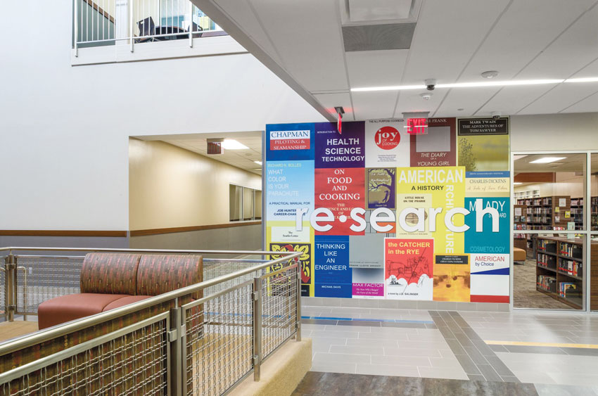 The high school in this photo shows an appropriate use of colorful graphics to stimulate learning.