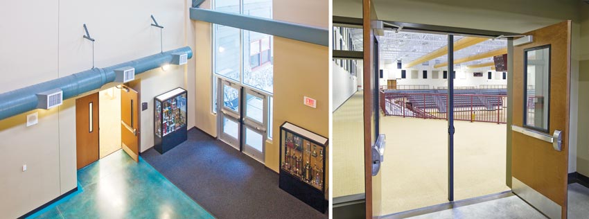 Two photos of wide school interiors.
