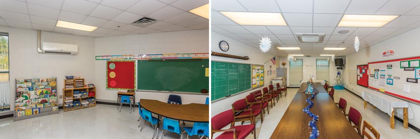 Two photos of school interiors.