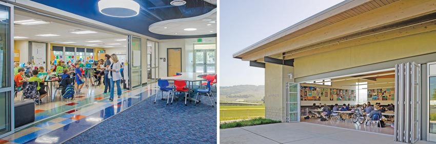 Photos of classrooms with operable glass walls.