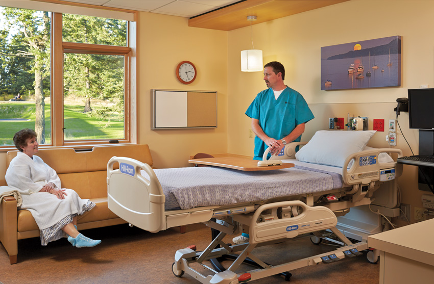 Photo of a patient room at the Peace Island Medical Center.