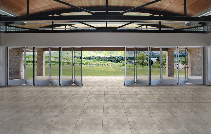 Photo of an interior with expansive numbers of folding doors.