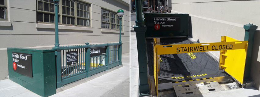 Two photos of subway entrance stairs.