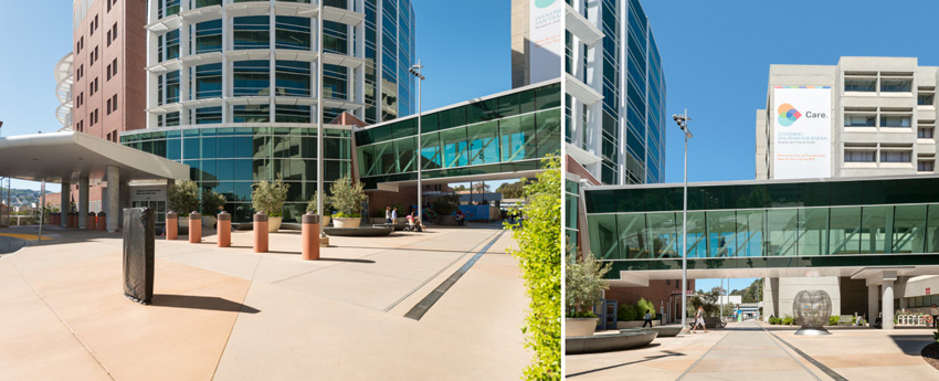 Two exterior photos of Zuckerberg San Francisco General Hospital and Trauma Center.