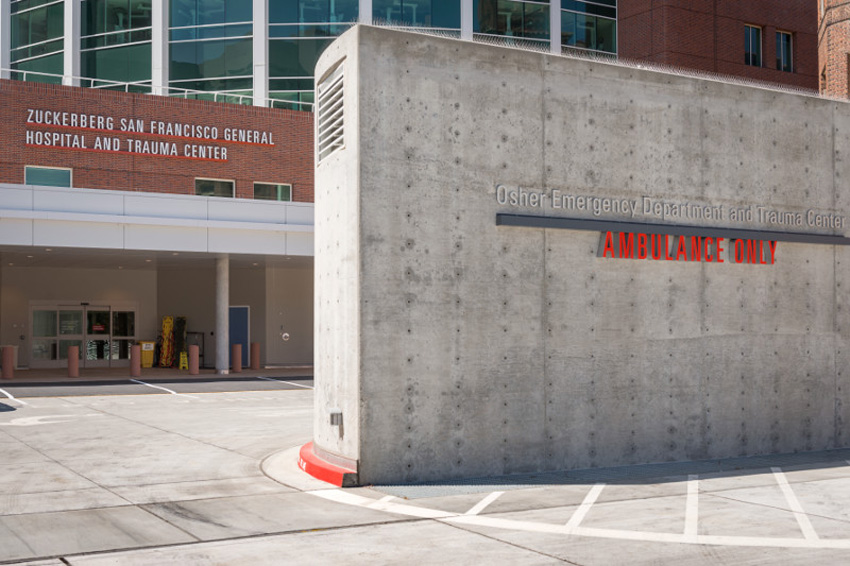An expansion joint cover runs through the emergency department at Zuckerberg San Francisco General Hospital and Trauma Center.