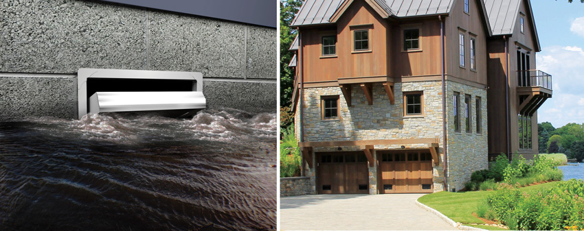 Left: flood vent.  Right: Home with garage doors.