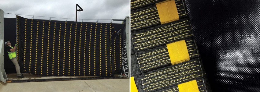 Left: flood proofing system being deployed.  Right: Close up of membrane.