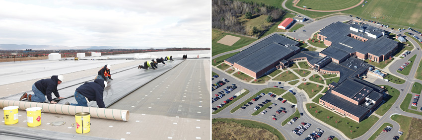 Left: Roofing being assembled.  Right: Wasau Middle School.