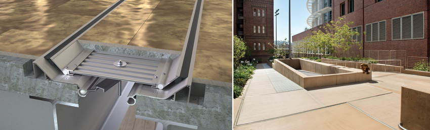 Left: The seismic expansion joint cover system.  Right: Moat covers incorporated into the sidewalk.