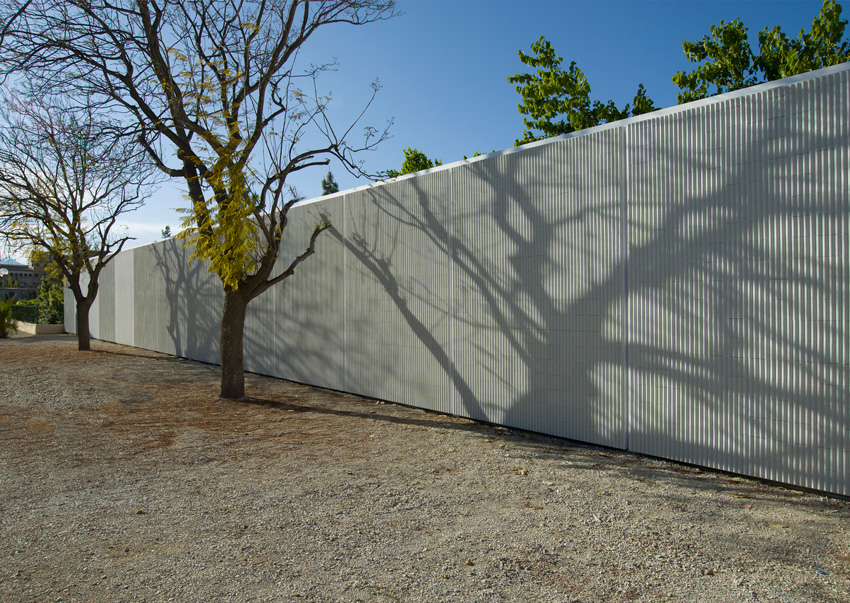 Photo of the shade trees reflected in the white ceramic facade.