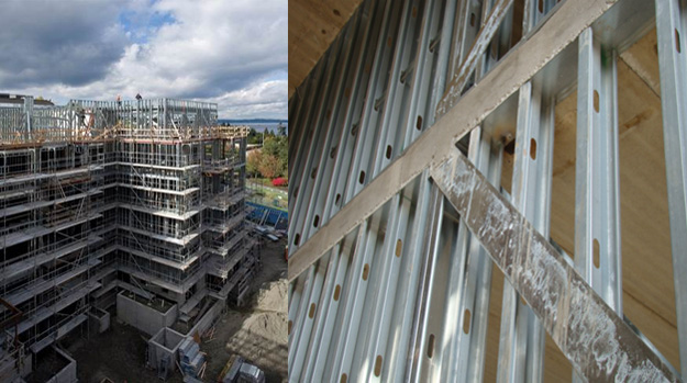 Two photos of buildings under construction.