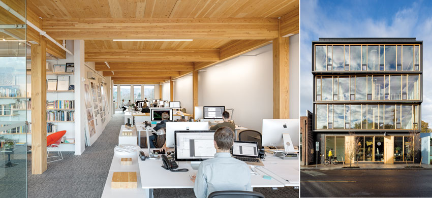 The mass-timber elements of the four-story Albina Yard (left and right) serve as both structure and interior finish material.