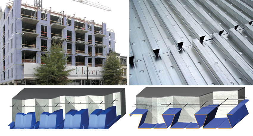 Dovetail composite deck profiles (top right and bottom right) are well suited to residential buildings with clear open spans between dividing walls. Deep deck composite profiles (bottom left) allow even longer clear spans for buildings of all types.