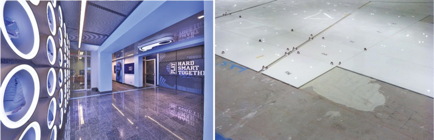 Left: Interior space with floor tiles.  Right: Floor tiles during installation.