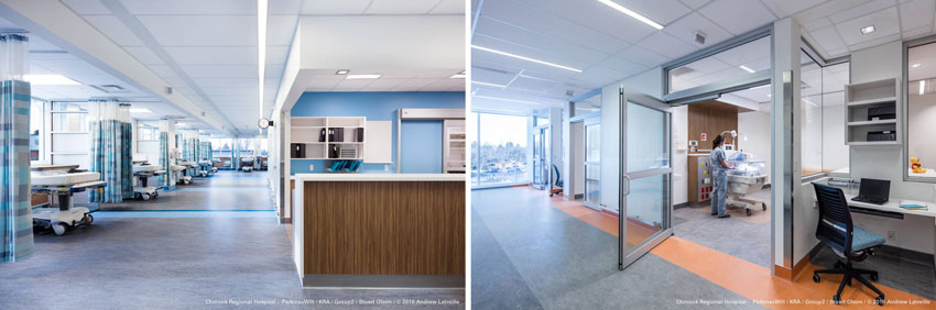 In the Chinook Regional Hospital designed by Perkins+Will shown here, resilient linoleum flooring is used as part of an overall floor assembly to reduce sound transfer to spaces below and minimize echoes within the space.