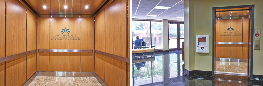 Two photos of the elevators at the campus of the University of North Carolina.