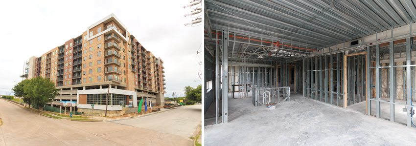 Left: Exterior photo of a building under construction. Right: Interior photo of a buiding under construction.