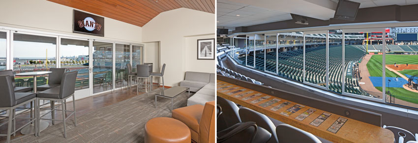 Operable glass walls are used to effectively create enhanced guest experiences at the San Francisco Giants Stadium (left) and the Chicago White Sox Stadium (right).