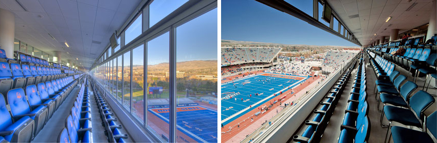 Two photos of the stands at Stueckle Sky Center.