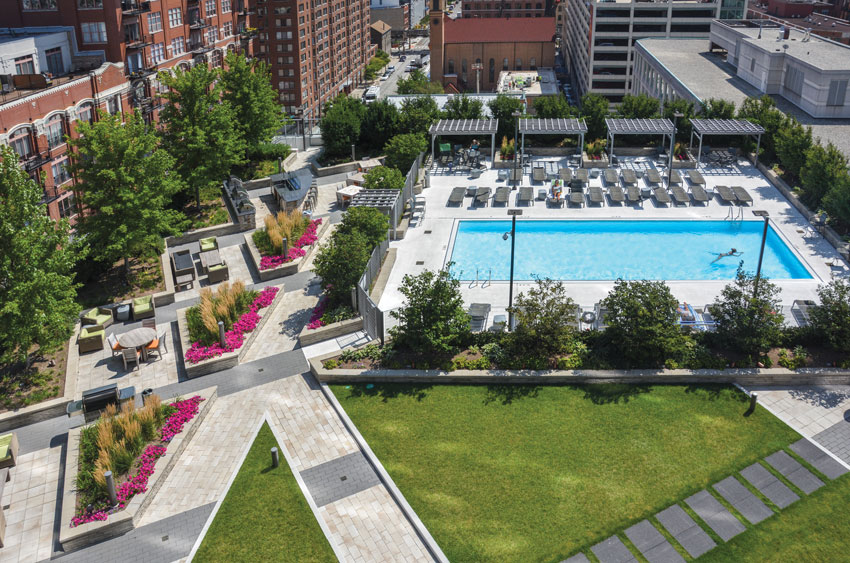 This aerial view shows the eighth-floor amenity deck and gardens at Hubbard Place, Chicago.